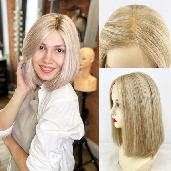 Swiss Lace Jewish Wigs Ash Blonde Balayage European Virgin Human Hair Lace Front Wig Highlight Single Knot Lace Wig Baby Hai