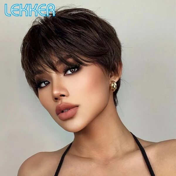 Short Pixie Cut Straight Bob 100% Human Hair Wigs With Bangs For Women Brazilian Remy Hair Natural Brown Colored Wigs