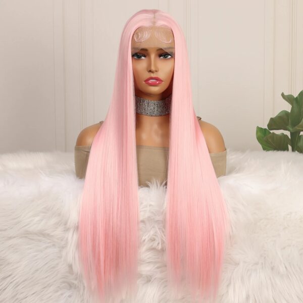 Long Straight Pink Red Color 13X4 HD Lace Frontal Wig For Black Women Synthetic Soft Preplucked Bleach Knots Cosplay Daily Party