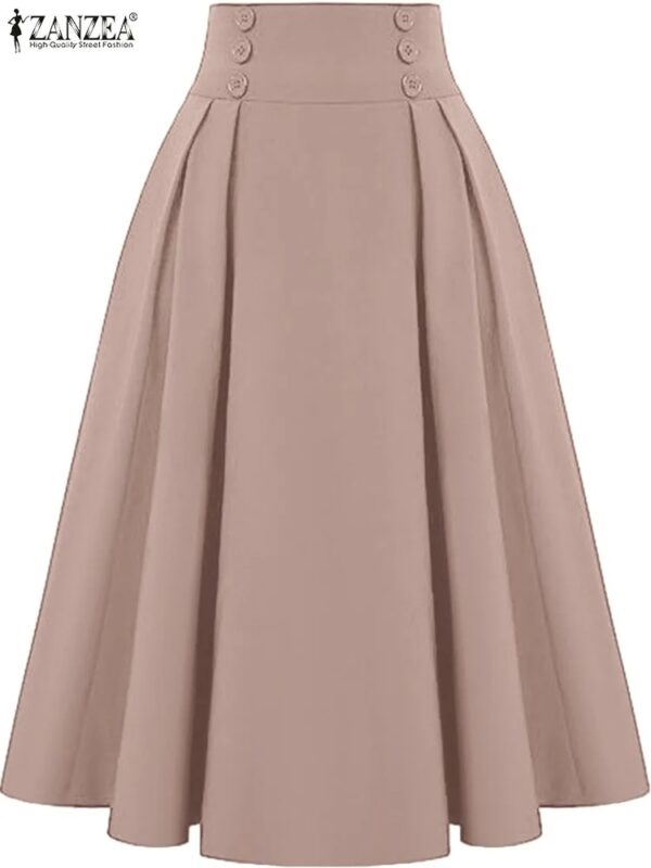 Women Solid Long Skirts Vintage High Waisted Pleating Jupe Summer Spring A-line Skirts Fashion Buttons Maxi Faldas - Image 2