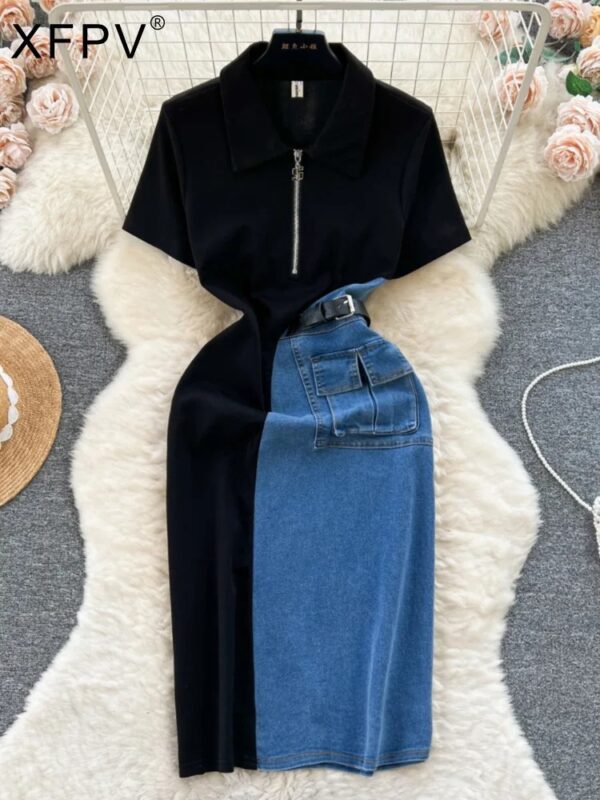 Women Vestidos Contrasting Colors Patchwork Slim Fit High Waist Denim Dresses