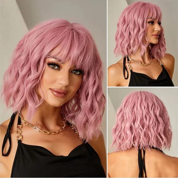 Synthetic Hair Women Pink BOB Wigs Short Curly Heat Resistant Party Wig - Image 5