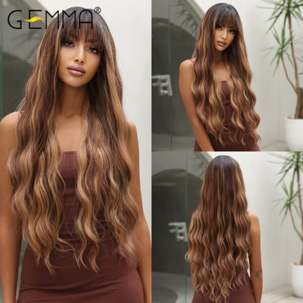 Ombre Brown Blonde Long Straight Synthetic Wigs with Bangs Cosplay Wig for Women High Temperature Natural Fake Hair - Image 7