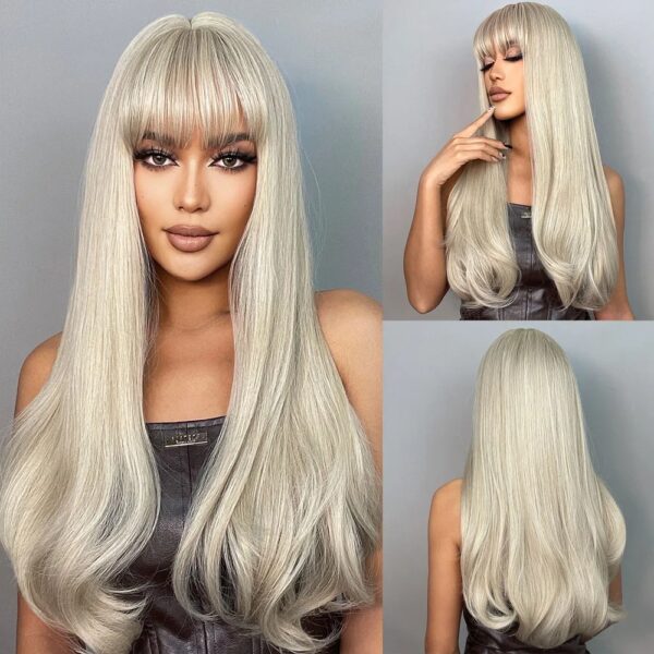 Ombre Brown Blonde Long Straight Synthetic Wigs with Bangs Cosplay Wig for Women High Temperature Natural Fake Hair - Image 9
