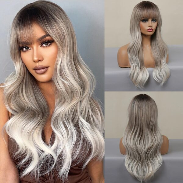 Ombre Brown Blonde Long Straight Synthetic Wigs with Bangs Cosplay Wig for Women High Temperature Natural Fake Hair - Image 10