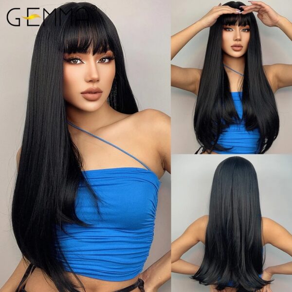 Ombre Brown Blonde Long Straight Synthetic Wigs with Bangs Cosplay Wig for Women High Temperature Natural Fake Hair - Image 11