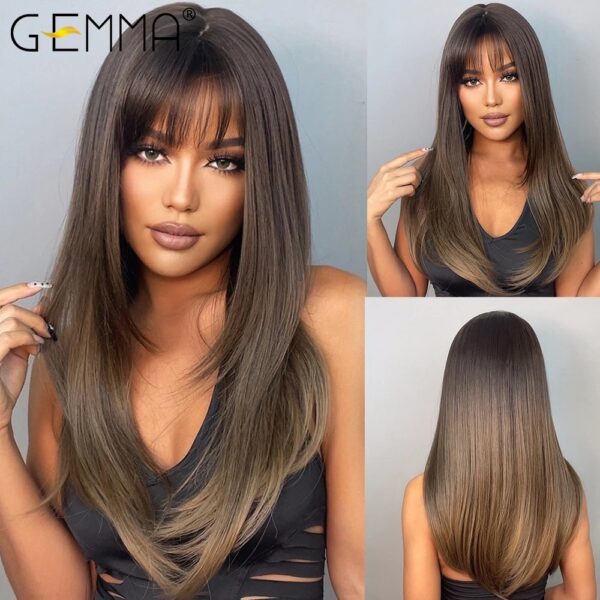 Ombre Brown Blonde Long Straight Synthetic Wigs with Bangs Cosplay Wig for Women High Temperature Natural Fake Hair - Image 12