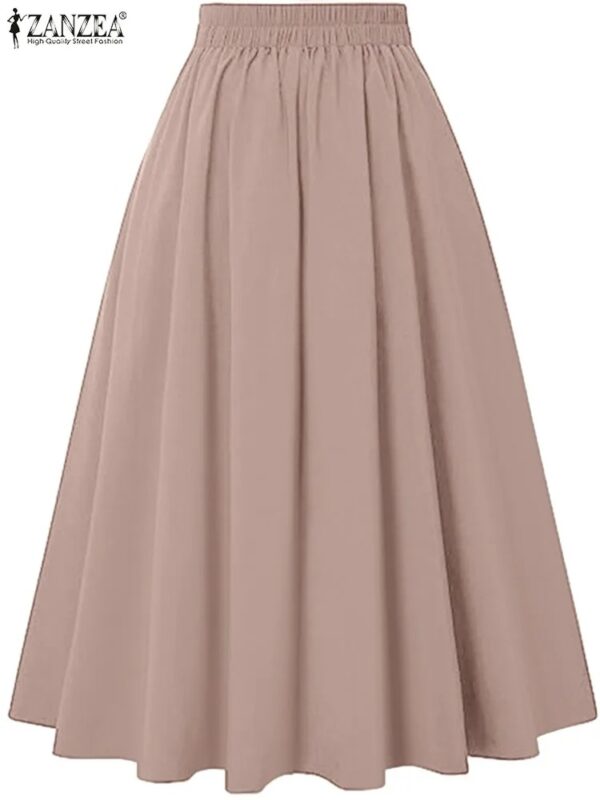 Women Solid Long Skirts Vintage High Waisted Pleating Jupe Summer Spring A-line Skirts Fashion Buttons Maxi Faldas - Image 3