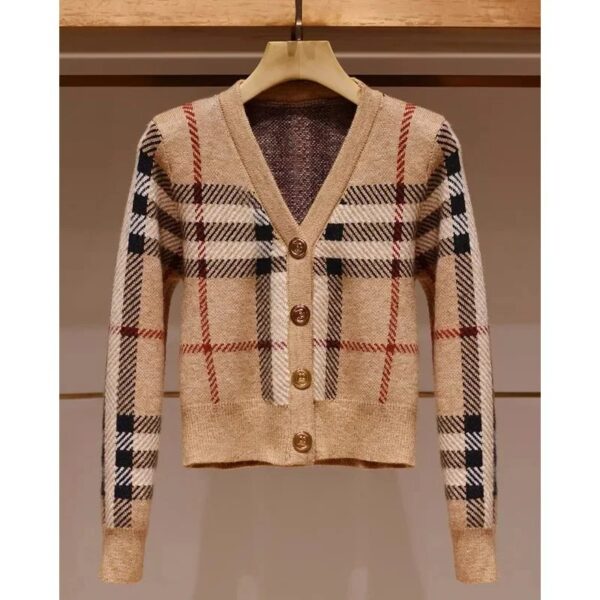 Slim Striped Sweaters V-neck Short Style Knitted Cardigan Women Fashion Vintage Soft Wool Knitwear Tops