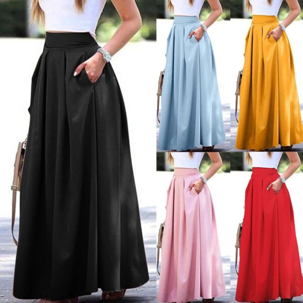 Vintage Low Rise Straight Skirts Women's Large Swing Solid Color High Waist Pleated Half Skirt With Pocket Summer Vacation Wear