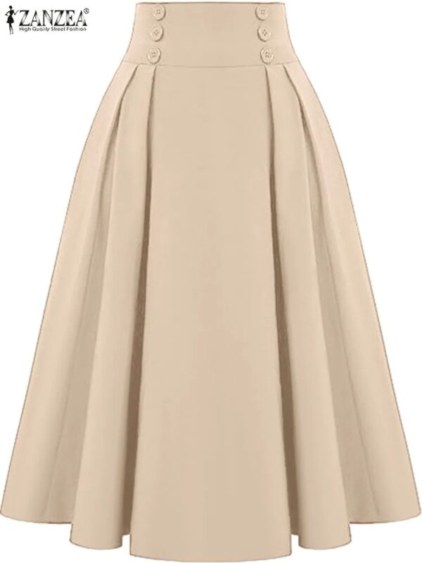 Women Solid Long Skirts Vintage High Waisted Pleating Jupe Summer Spring A-line Skirts Fashion Buttons Maxi Faldas - Image 4