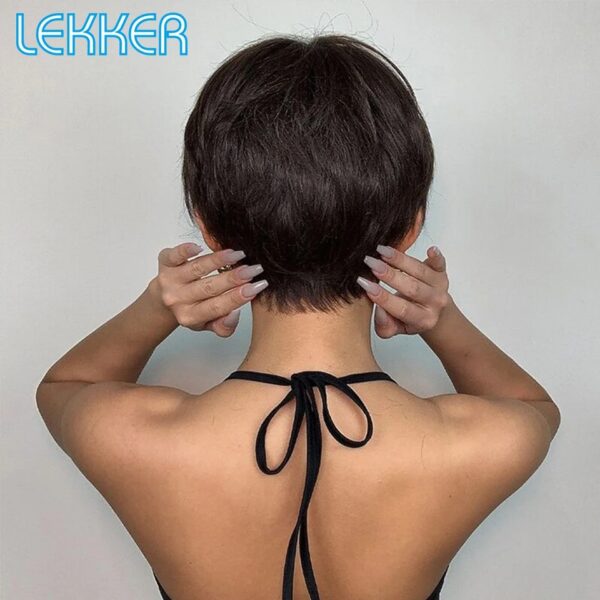 Short Pixie Cut Straight Bob 100% Human Hair Wigs With Bangs For Women Brazilian Remy Hair Natural Brown Colored Wigs - Image 2