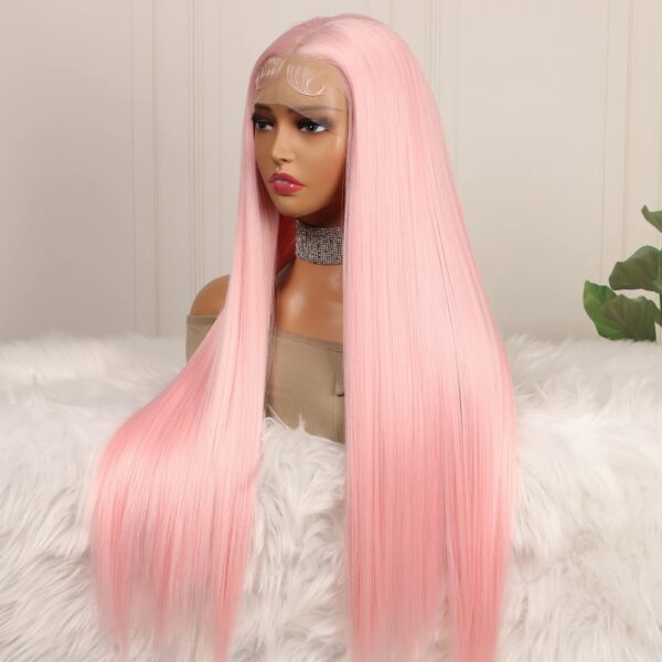 Long Straight Pink Red Color 13X4 HD Lace Frontal Wig For Black Women Synthetic Soft Preplucked Bleach Knots Cosplay Daily Party - Image 2