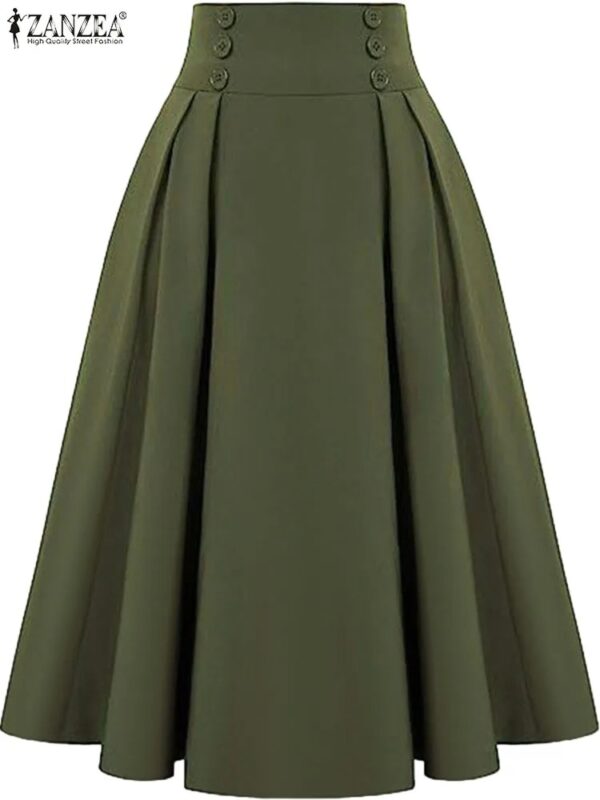 Women Solid Long Skirts Vintage High Waisted Pleating Jupe Summer Spring A-line Skirts Fashion Buttons Maxi Faldas