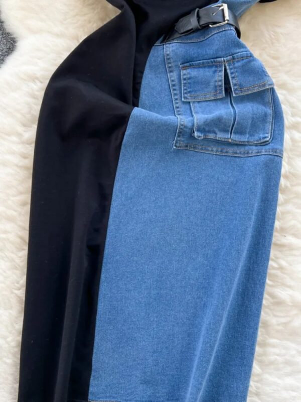 Women Vestidos Contrasting Colors Patchwork Slim Fit High Waist Denim Dresses - Image 2