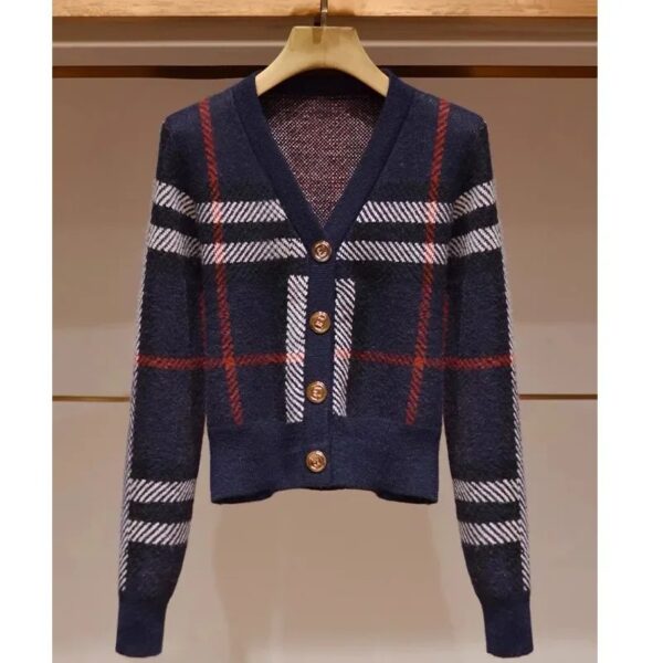 Slim Striped Sweaters V-neck Short Style Knitted Cardigan Women Fashion Vintage Soft Wool Knitwear Tops - Image 2