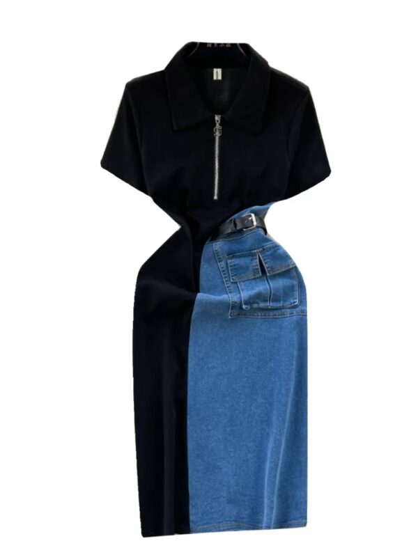 Women Vestidos Contrasting Colors Patchwork Slim Fit High Waist Denim Dresses - Image 3