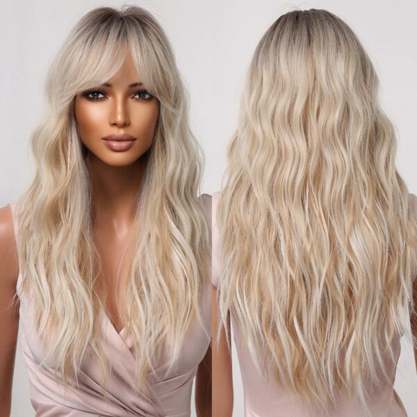 Ombre Brown Blonde Long Straight Synthetic Wigs with Bangs Cosplay Wig for Women High Temperature Natural Fake Hair - Image 3