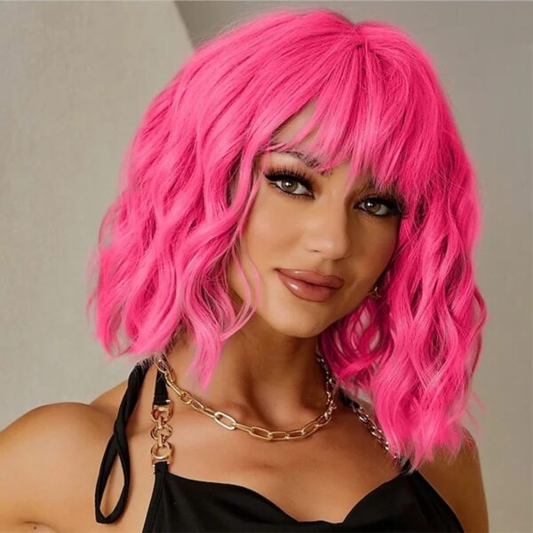Synthetic Hair Women Pink BOB Wigs Short Curly Heat Resistant Party Wig - Image 2