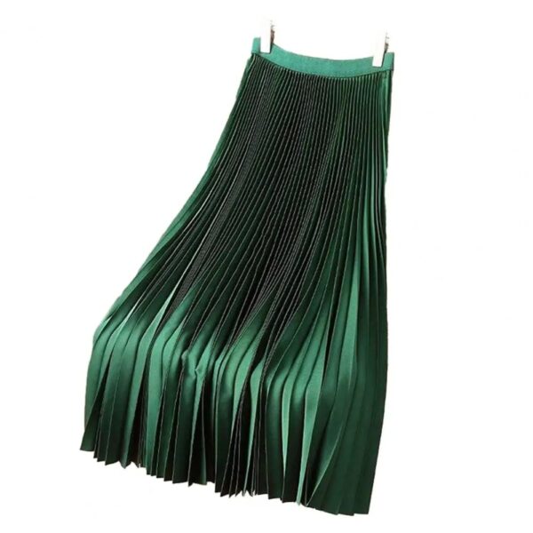 Women Vintage Midi Skirt Wide Elastic Waistband High Waist Pleated A-Line Skirt Solid Color Smooth Satin Long Skirt - Image 3