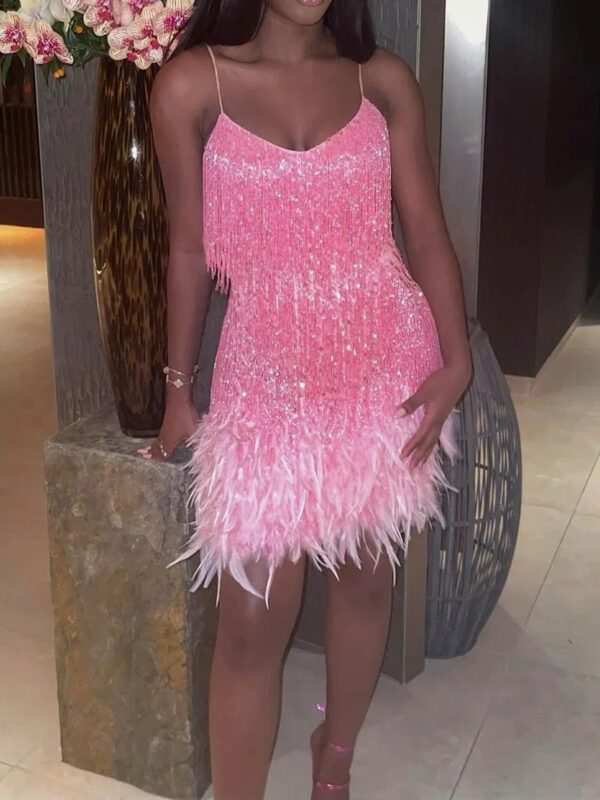 Women Sling Sequined Evening Dress Luxury Sleeveless V Neck Tassels Feather Club Party Summer Short Dress