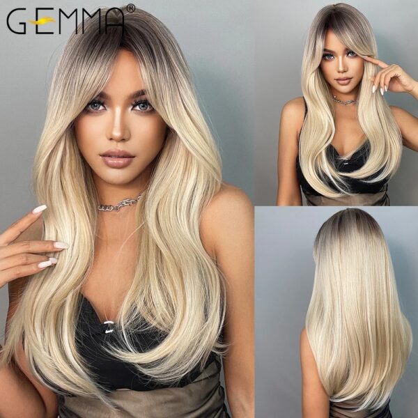 Ombre Brown Blonde Long Straight Synthetic Wigs with Bangs Cosplay Wig for Women High Temperature Natural Fake Hair - Image 4