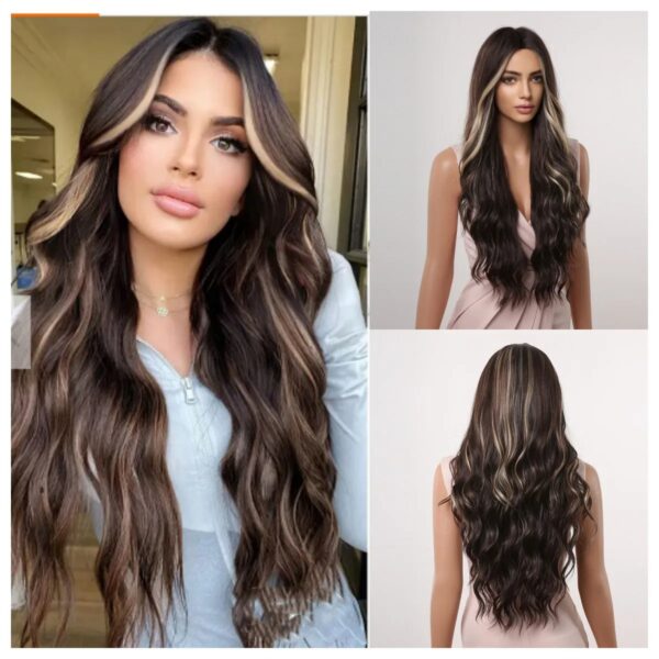 Long Body Wavy Synthetic Wigs Brown with Blonde Highlights Wigs for Women Daily Cosplay Party Natural Heat Resistant Fake Wigs