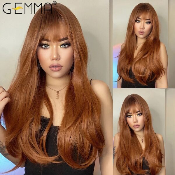 Ombre Brown Blonde Long Straight Synthetic Wigs with Bangs Cosplay Wig for Women High Temperature Natural Fake Hair - Image 5