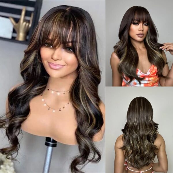 Long Body Wavy Synthetic Wigs Brown with Blonde Highlights Wigs for Women Daily Cosplay Party Natural Heat Resistant Fake Wigs - Image 2