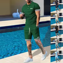 Men's plus Size Casual Two-Piece Set Summer Fashion Lapel Button Short-Sleeved Solid Color Comfortable Outdoor Sports Suit