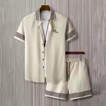 Vacation Men's 2-Piece Outfits Vintage Button Down Short Sleeve Shirt And Shorts Set Elastic Waist Shorts Short Sleeve ShirtsVacation Men's 2-Piece Outfits Vintage Button Down Short Sleeve Shirt And Shorts Set Elastic Waist Shorts Short Sleeve Shirts