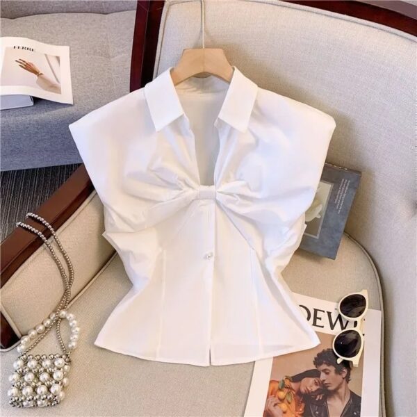 White Blouses for Women's Sleeveless Tunic V-neck Bow Crop Tops Korean Temperament Summer Blouse Shirts