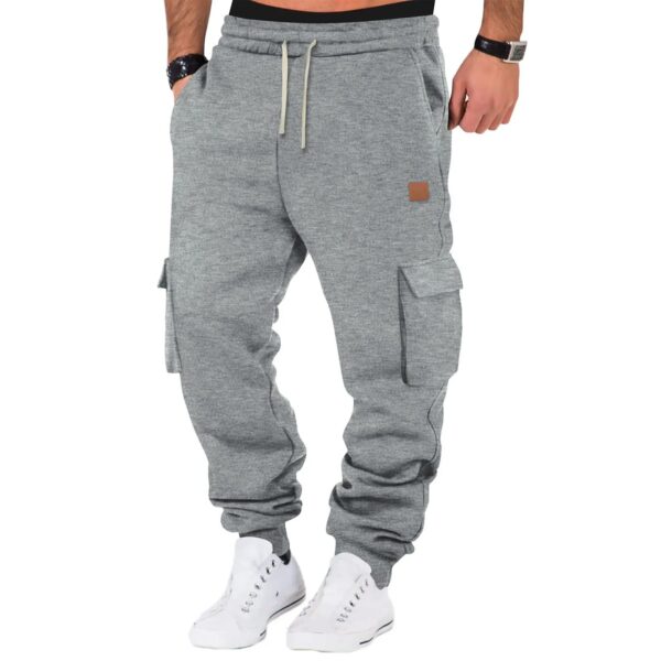 Multi Pockets Men Jogging Sweatpants Casual Drawstring Sports Solid Color Leather Label Trousers For Men Hip Hop Versatile Pants - Image 6