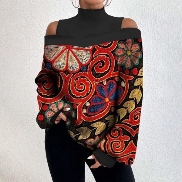 Spring Autumn Fashion Print Off Shoulder Top Women Casual Round Neck Off Shoulder Long Sleeve Loose Pullover Tshirt Women - Image 8