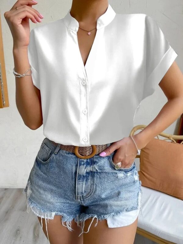 Summer Sexy V-neck Women's Shirt Casual Office Lady Solid Color Short Sleeve Single Breasted Elegant Women Blouse - Image 2