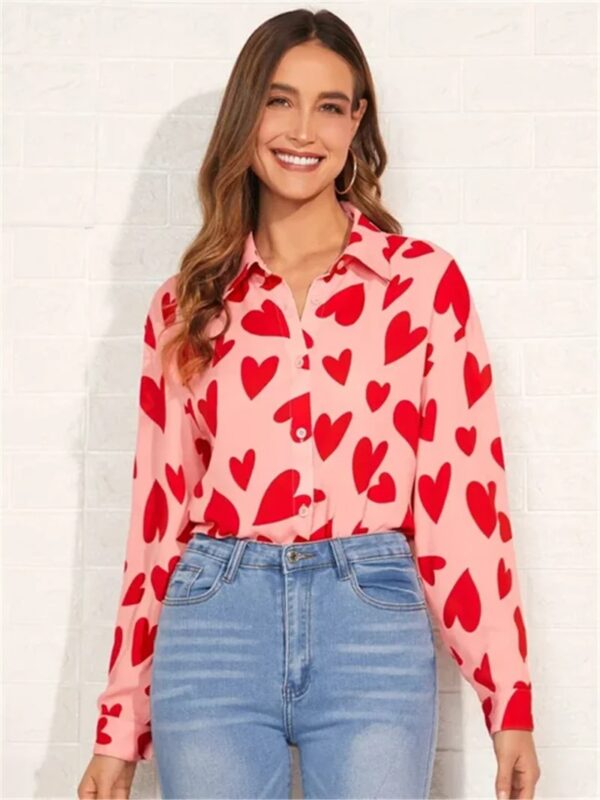 Women Chiffon Shirts Elegant Work Casual Tops Spring Summer Sweet Long Sleeve Love Heart Print Pattern Office Lady Blouse Shirts - Image 2