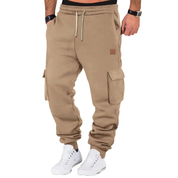 Multi Pockets Men Jogging Sweatpants Casual Drawstring Sports Solid Color Leather Label Trousers For Men Hip Hop Versatile Pants - Image 3