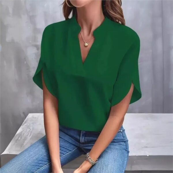 Summer New V-neck Black Shirt Fashion Off Shoulder Sleeves Women's Top Elegant Office Lady Solid Color Chiffon Blouse - Image 3