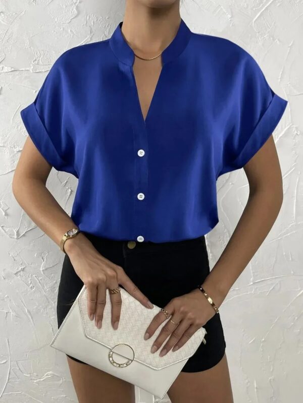 Summer Sexy V-neck Women's Shirt Casual Office Lady Solid Color Short Sleeve Single Breasted Elegant Women Blouse - Image 3