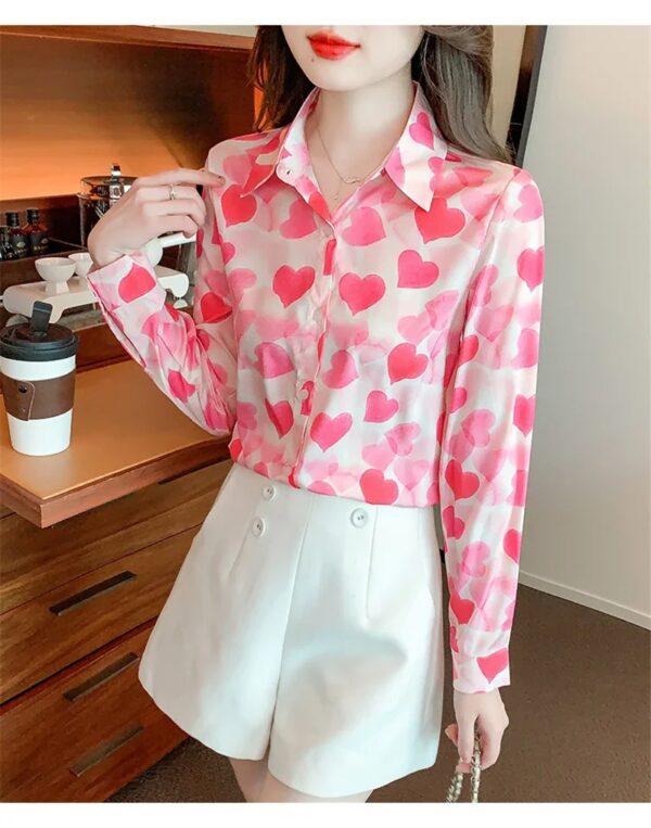 Women Chiffon Shirts Elegant Work Casual Tops Spring Summer Sweet Long Sleeve Love Heart Print Pattern Office Lady Blouse Shirts - Image 3