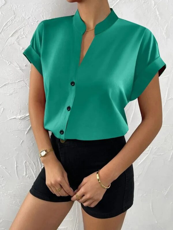 Summer Sexy V-neck Women's Shirt Casual Office Lady Solid Color Short Sleeve Single Breasted Elegant Women Blouse - Image 4