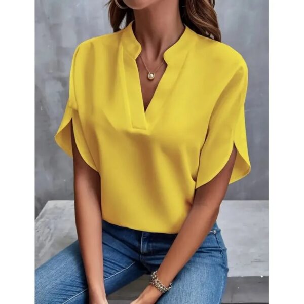 Summer New V-neck Black Shirt Fashion Off Shoulder Sleeves Women's Top Elegant Office Lady Solid Color Chiffon Blouse - Image 5