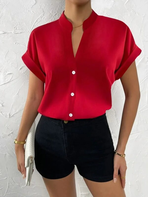 Summer Sexy V-neck Women's Shirt Casual Office Lady Solid Color Short Sleeve Single Breasted Elegant Women Blouse - Image 5