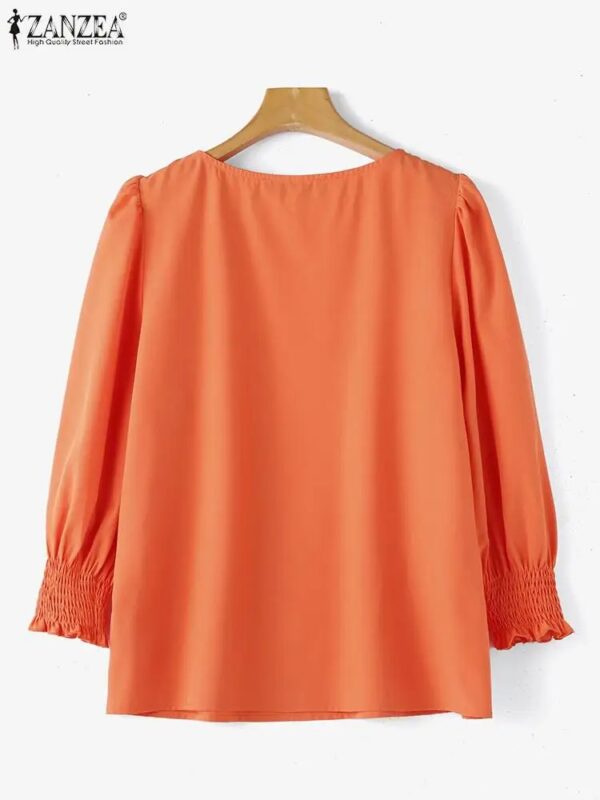 Streetwear Blouse Solid Women Puff 34 Sleeve Blusa Fashion Pleating Elegant Round Neck Shirt Casual Y2k Tops - Image 2