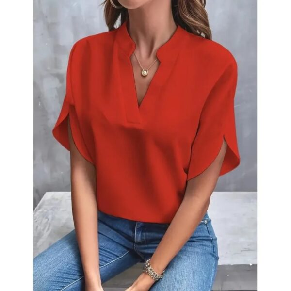 Summer New V-neck Black Shirt Fashion Off Shoulder Sleeves Women's Top Elegant Office Lady Solid Color Chiffon Blouse - Image 6