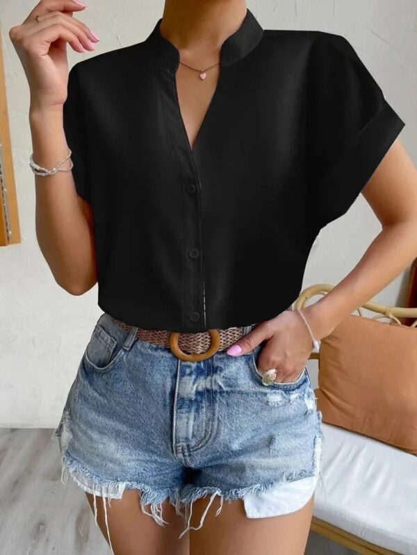Summer Sexy V-neck Women's Shirt Casual Office Lady Solid Color Short Sleeve Single Breasted Elegant Women Blouse - Image 6