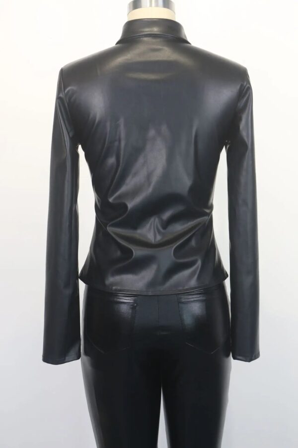 Spring Studded Decor PU Leather Button Down Casual Turn-Down Collar Plain Long Sleeve Skinny Shirt - Image 2