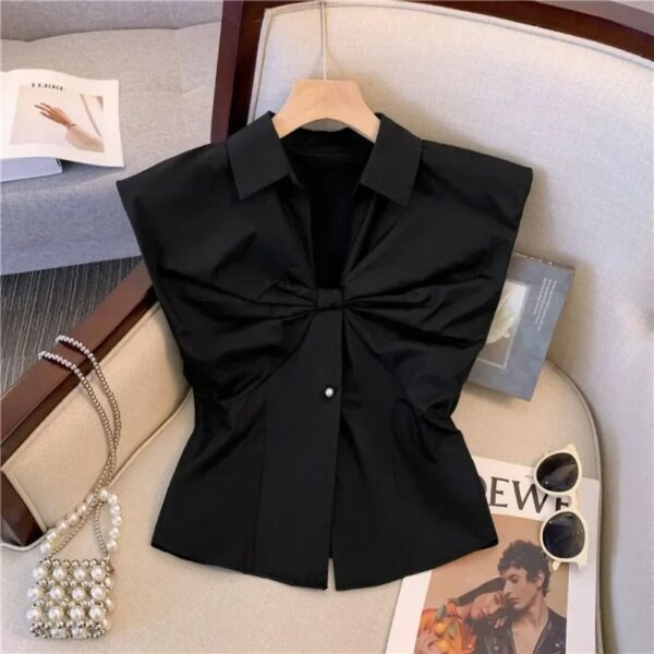 White Blouses for Women's Sleeveless Tunic V-neck Bow Crop Tops Korean Temperament Summer Blouse Shirts - Image 2