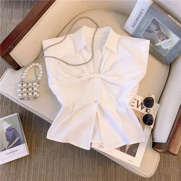 White Blouses for Women's Sleeveless Tunic V-neck Bow Crop Tops Korean Temperament Summer Blouse Shirts - Image 3