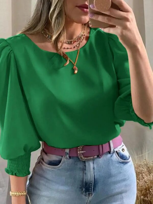 Streetwear Blouse Solid Women Puff 34 Sleeve Blusa Fashion Pleating Elegant Round Neck Shirt Casual Y2k Tops
